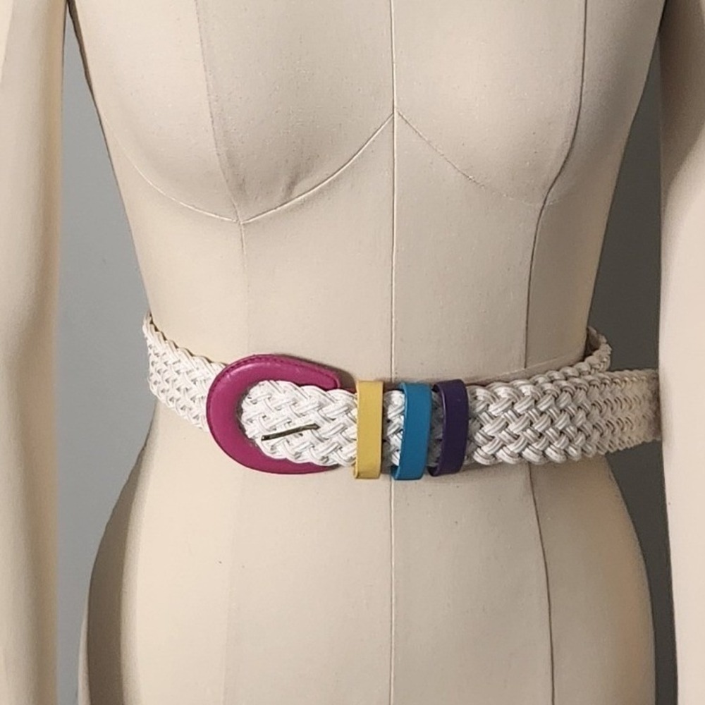 MD Braided Cord Belt Women Medium Cream Pink Multi Color Good Vintage 80s Woven